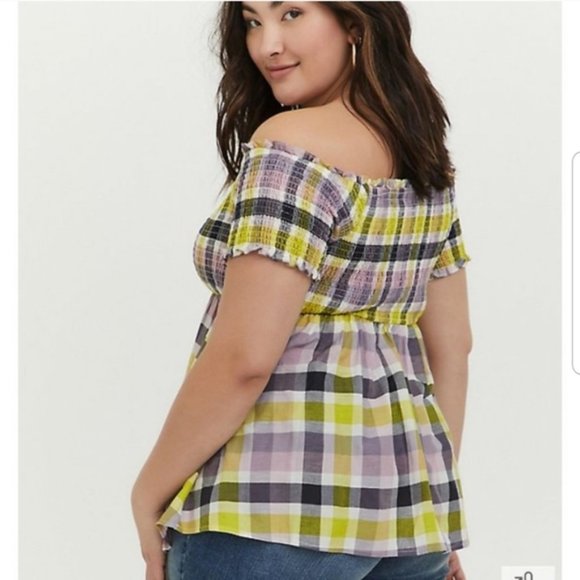 TORRID MULTI PLAID SMOCKED OFF THE SHOULDER TOP NEW W/TAGS BABYDOLL SUMMER 2X - Picture 2 of 7